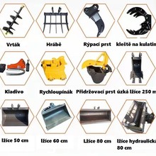 příslušenství pro minibagr, lžíce 80, lžíce 25, hydraulické kladivo, rychloupínák, hrábě, rýpací prst, vrták